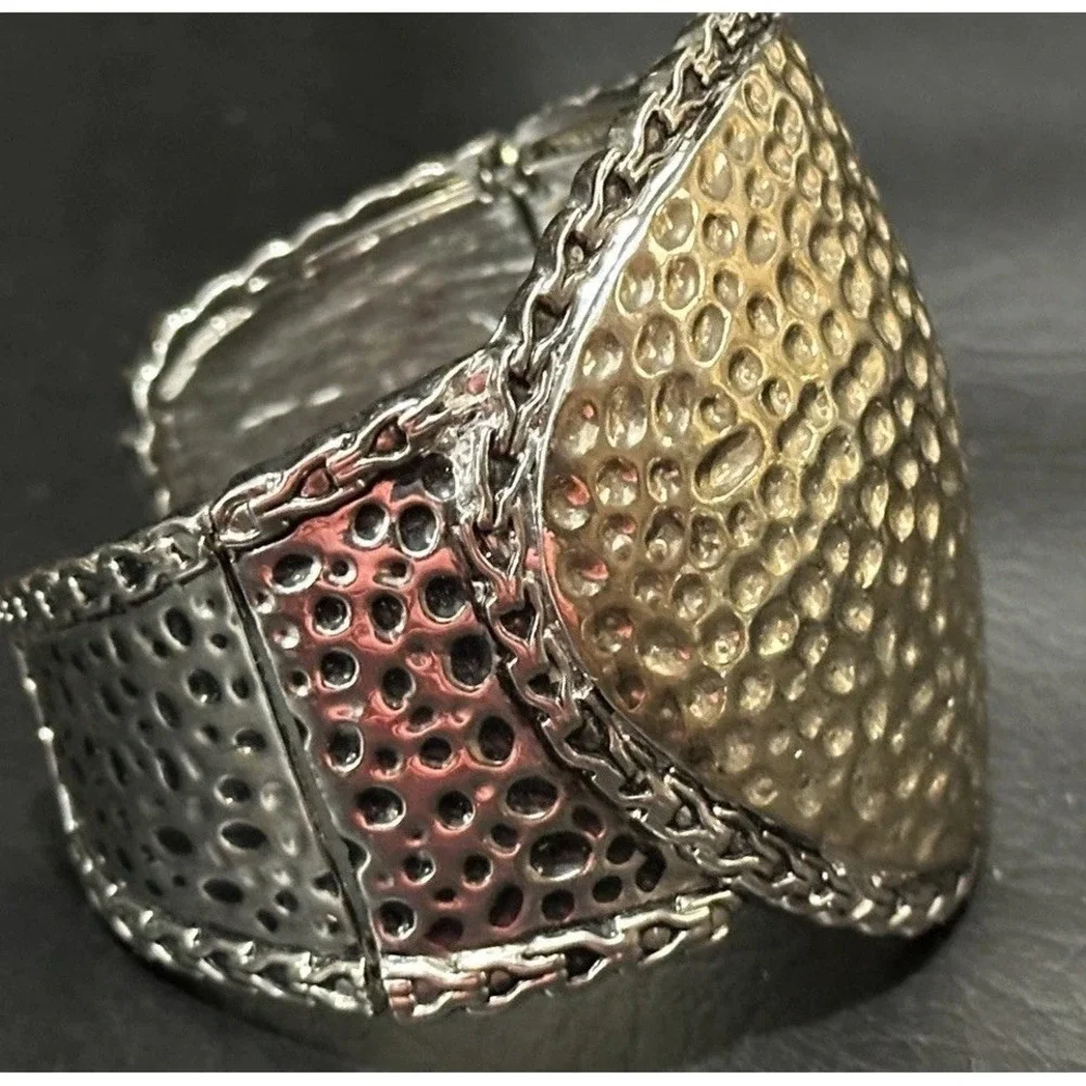 Hammered Mixed Metal Domed‎ Cuff Bracelet  Scalloped Edge Statement Clamper